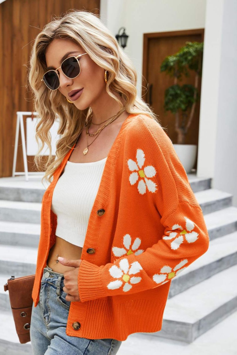 Floral Ribbed Trim Drop Shoulder Cardigan (5)