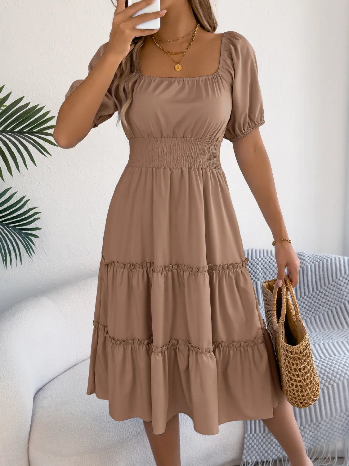 Square Neck Short Puff Sleeve Dress (12)
