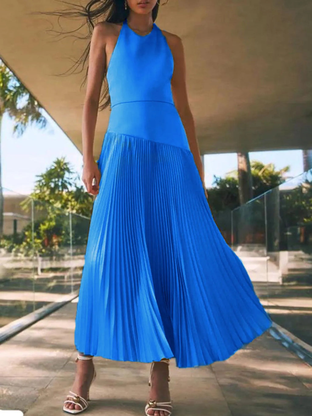 Pleated Halter Neck Maxi Dress (12)