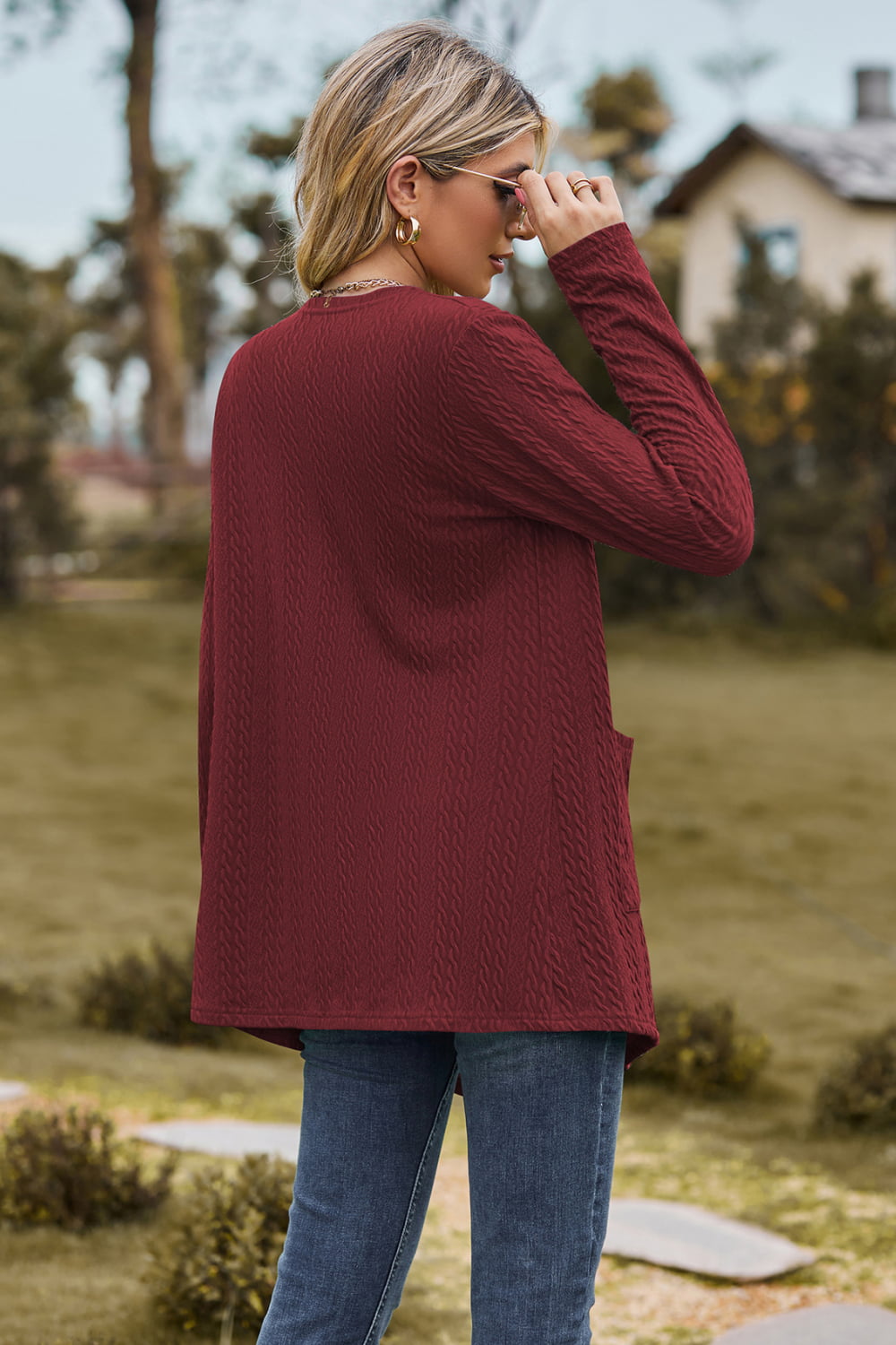 Cable-knit Long Sleeve Cardigan Pocket (10)