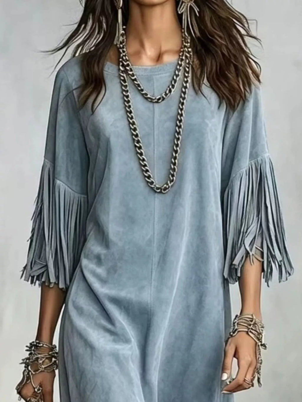 Fringed Round Neck Midi Dress (4)