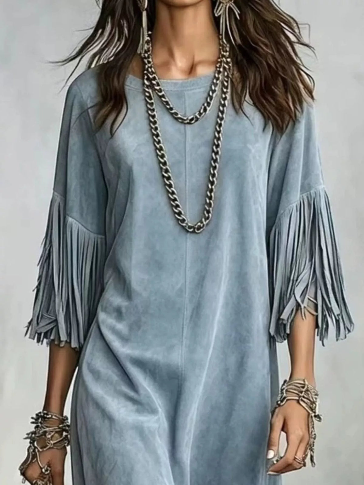 Fringed Round Neck Midi Dress (4)