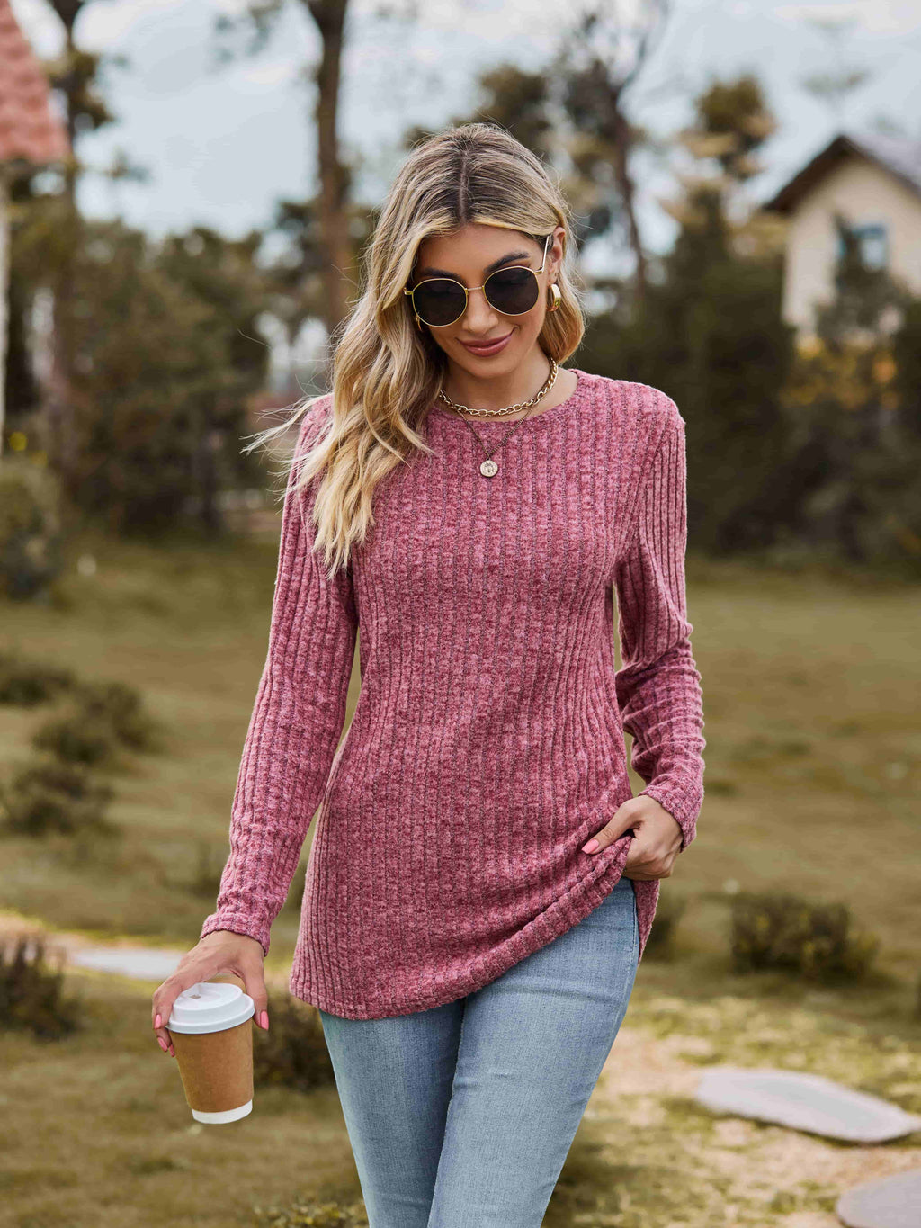 Ribbed Round Neck Long Sleeve Tee (3)