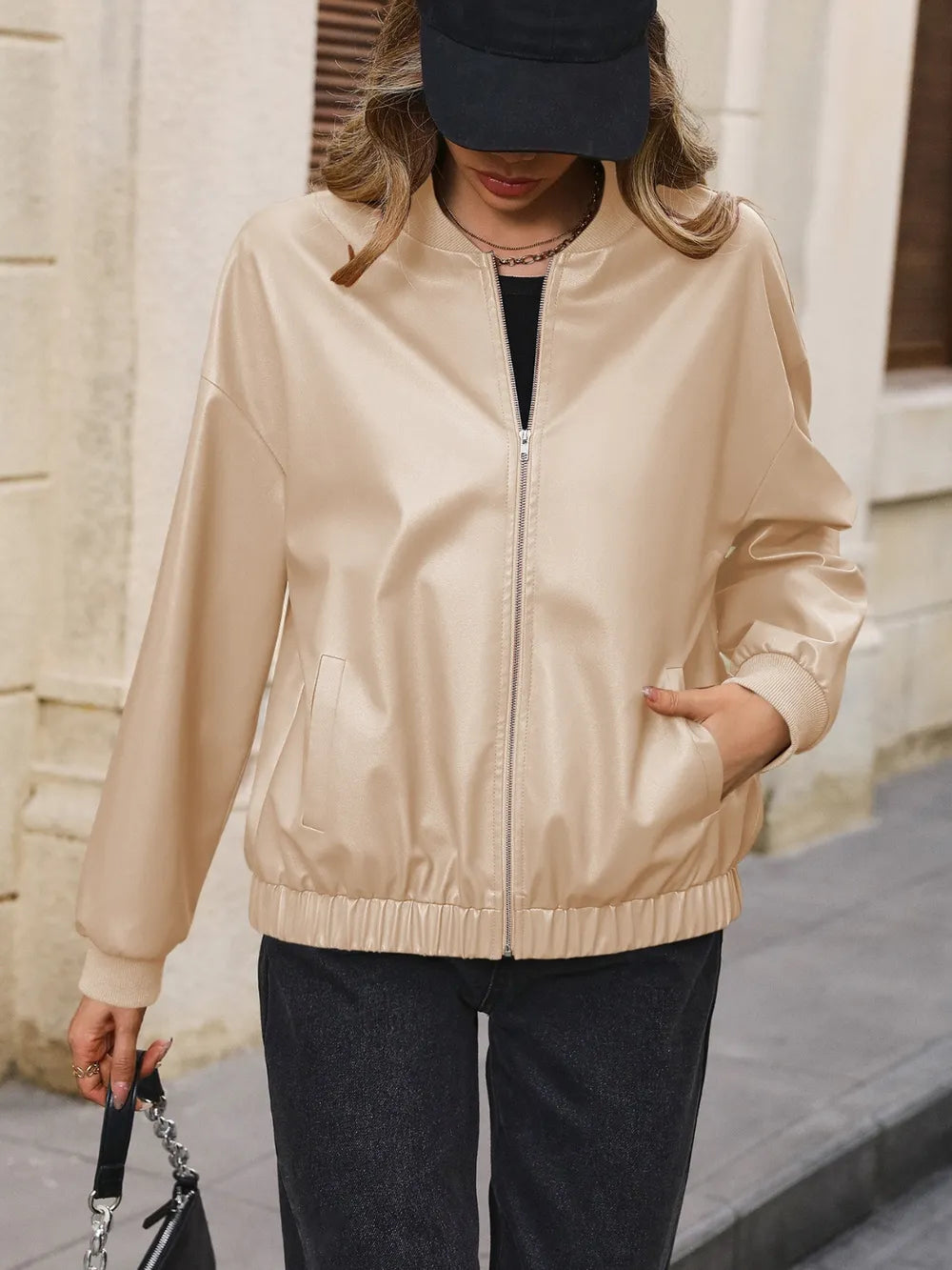 Zip Up Baseball Collar Dropped Shoulder Jacket (3)