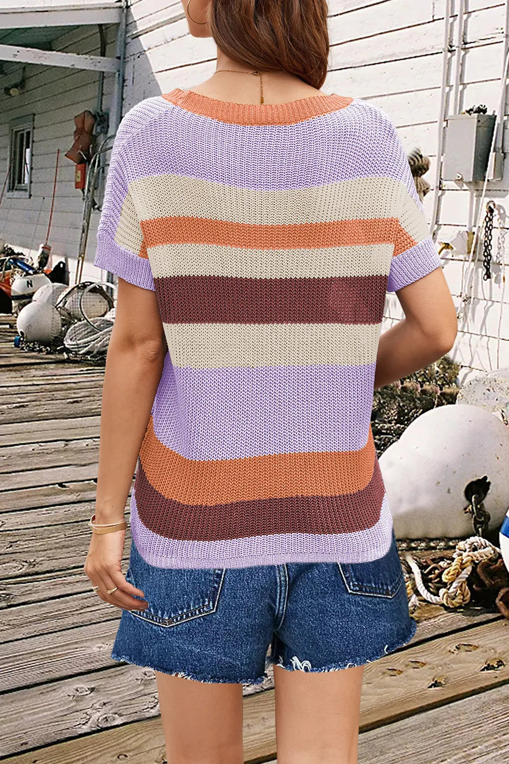 Striped Round Neck Short Sleeve Knit Top (6)