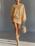Sequin Long Sleeve Ruched Mini Dress