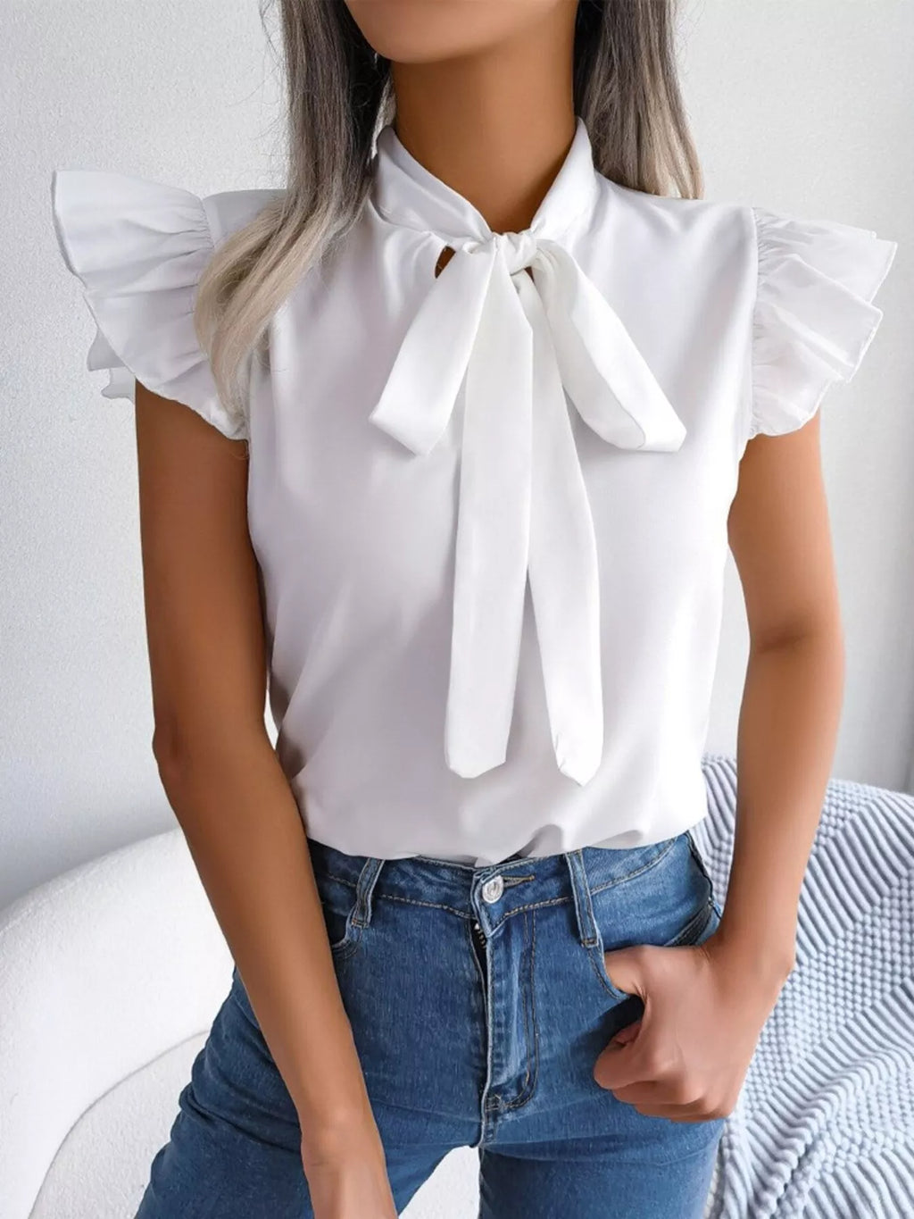 Bow Tie Ruffle Sleeve Blouse (2)