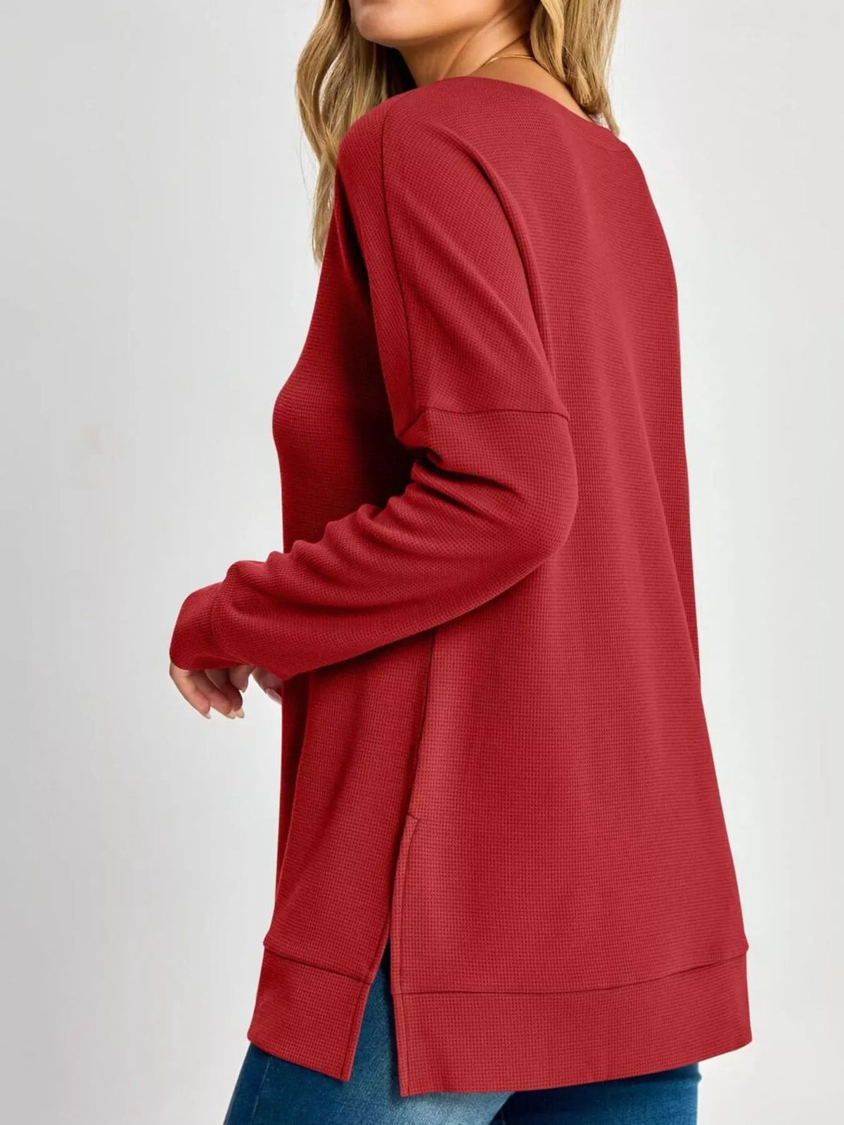 Side Slit Waffle Knit V-neck T-shirt (12)