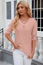Eyelet Drawstring V-neck Half Sleeve T-shirt (10)