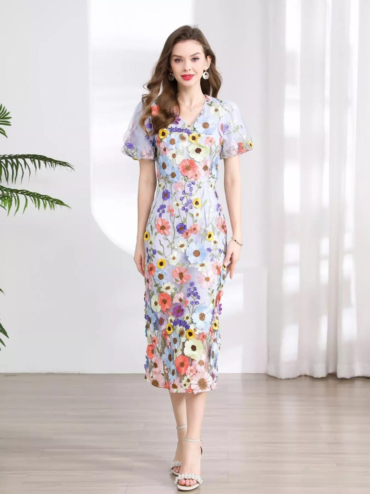 Floral Embroidered Puff Sleeve Midi Dress (15)