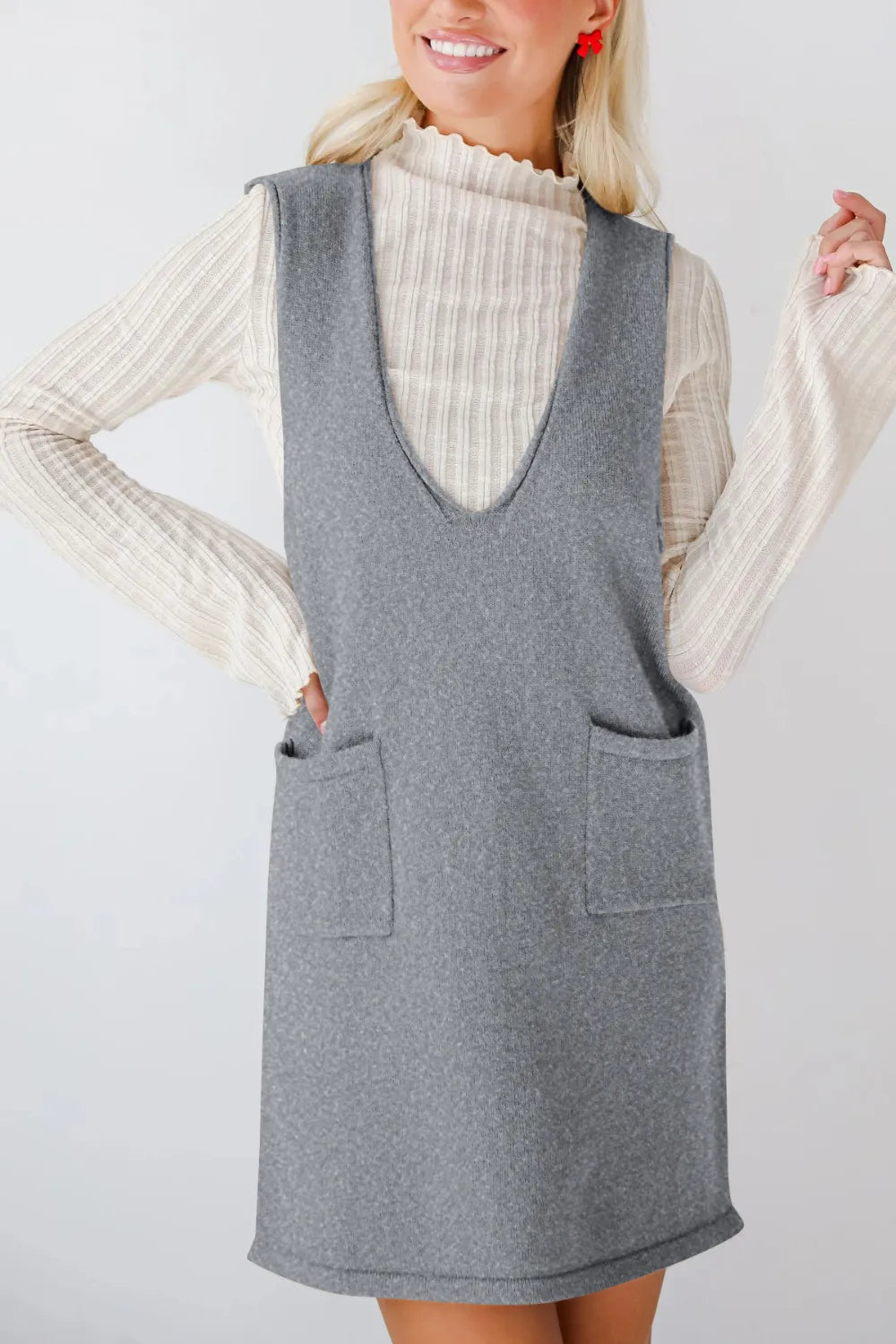 Pocketed V-neck Mini Sweater Overall Dress (25)