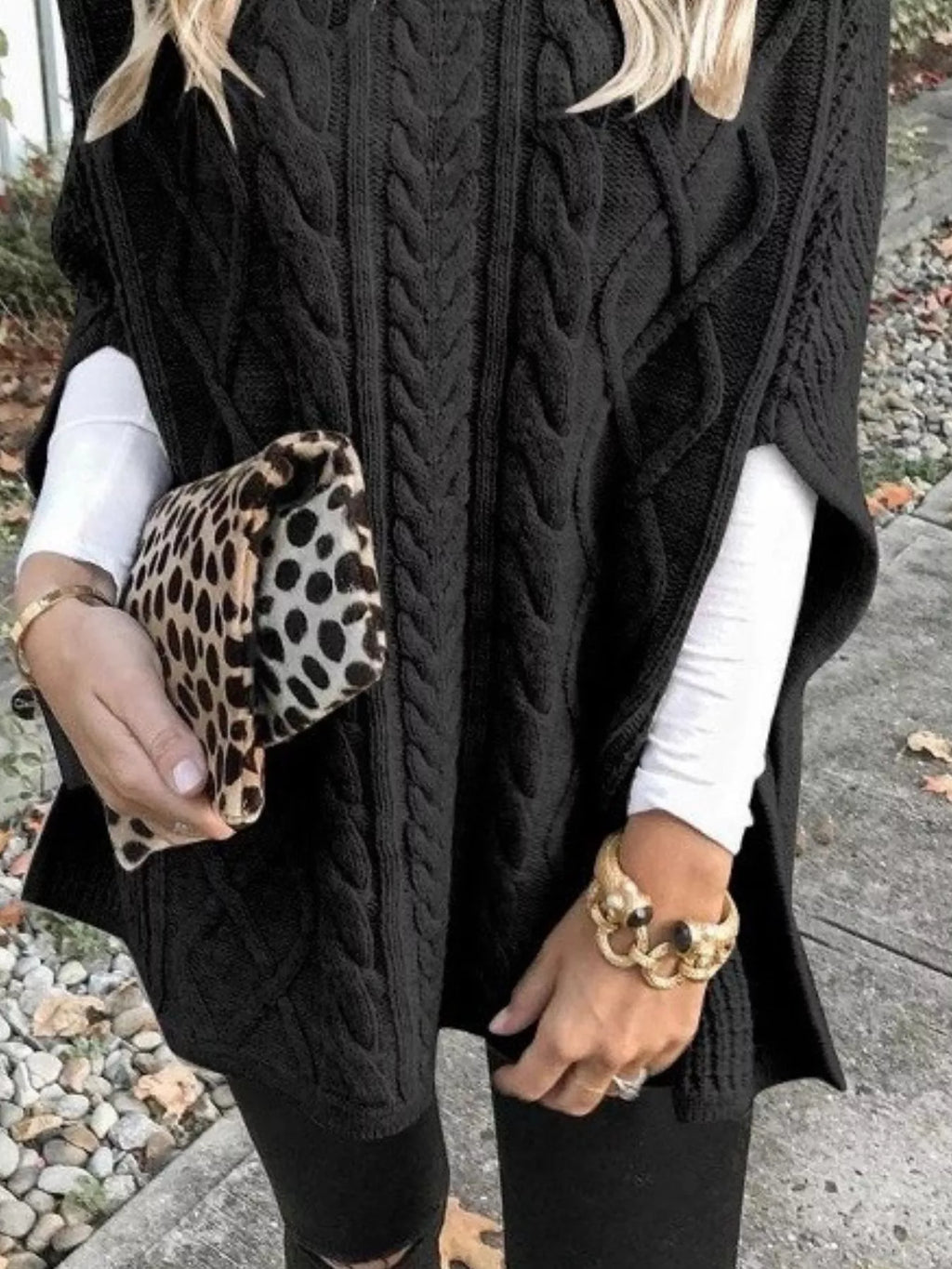 Chunky Cable Knit Turtleneck Poncho Cover Up (16)
