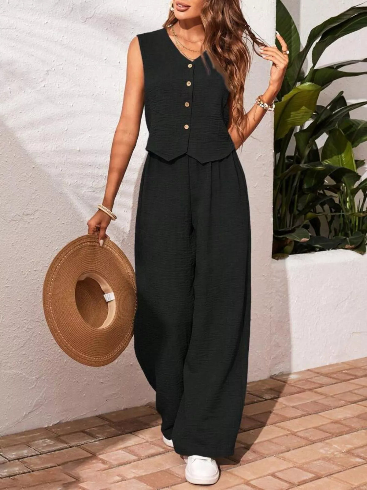 Button-down Vest Wide Leg Pants Set (12)