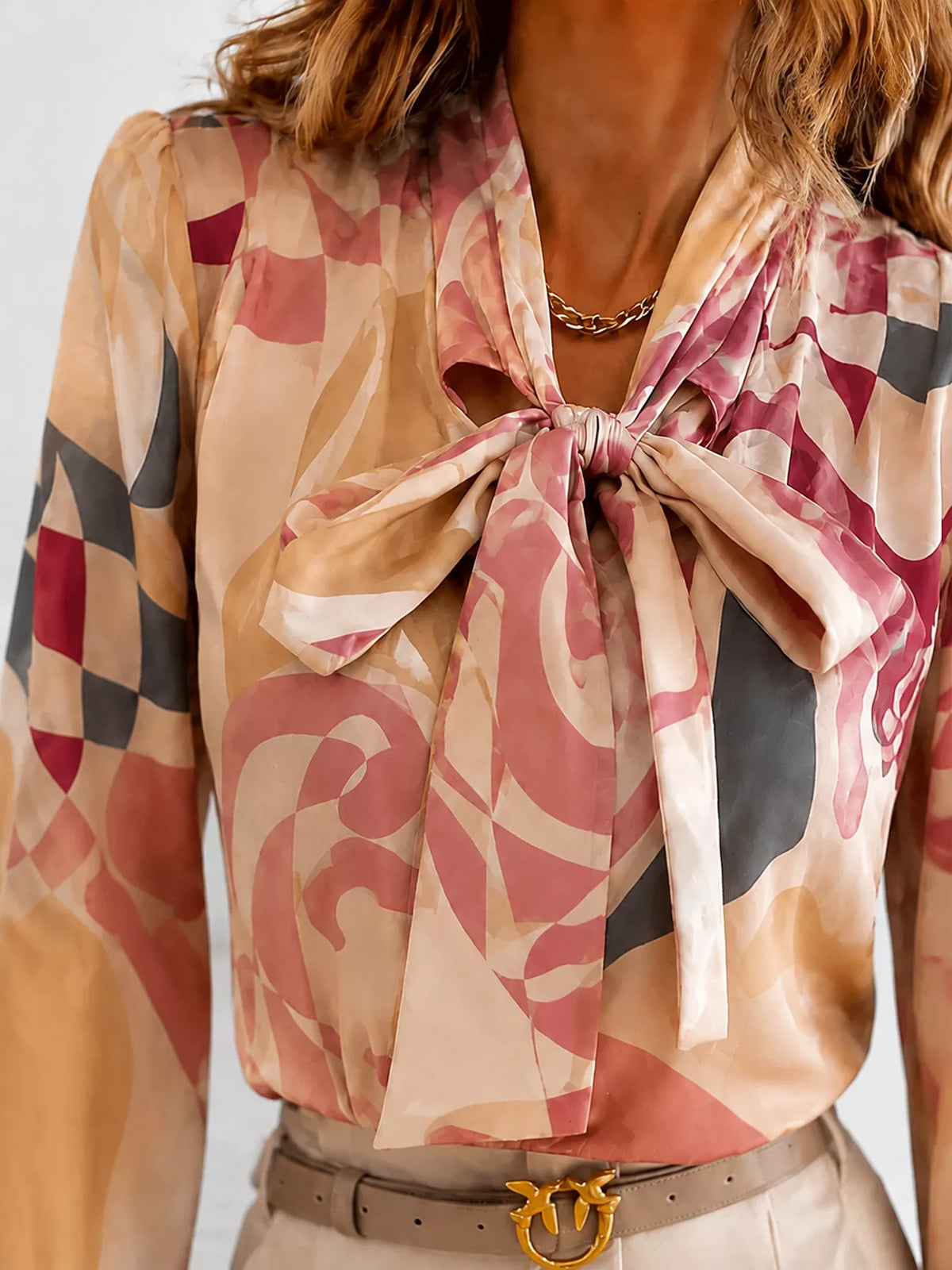 Printed Bow-tie Neck Long Sleeve Blouse (3)
