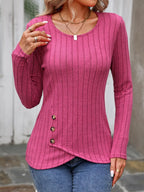 Decorative Button Round Neck Long Sleeve T-shirt (9)