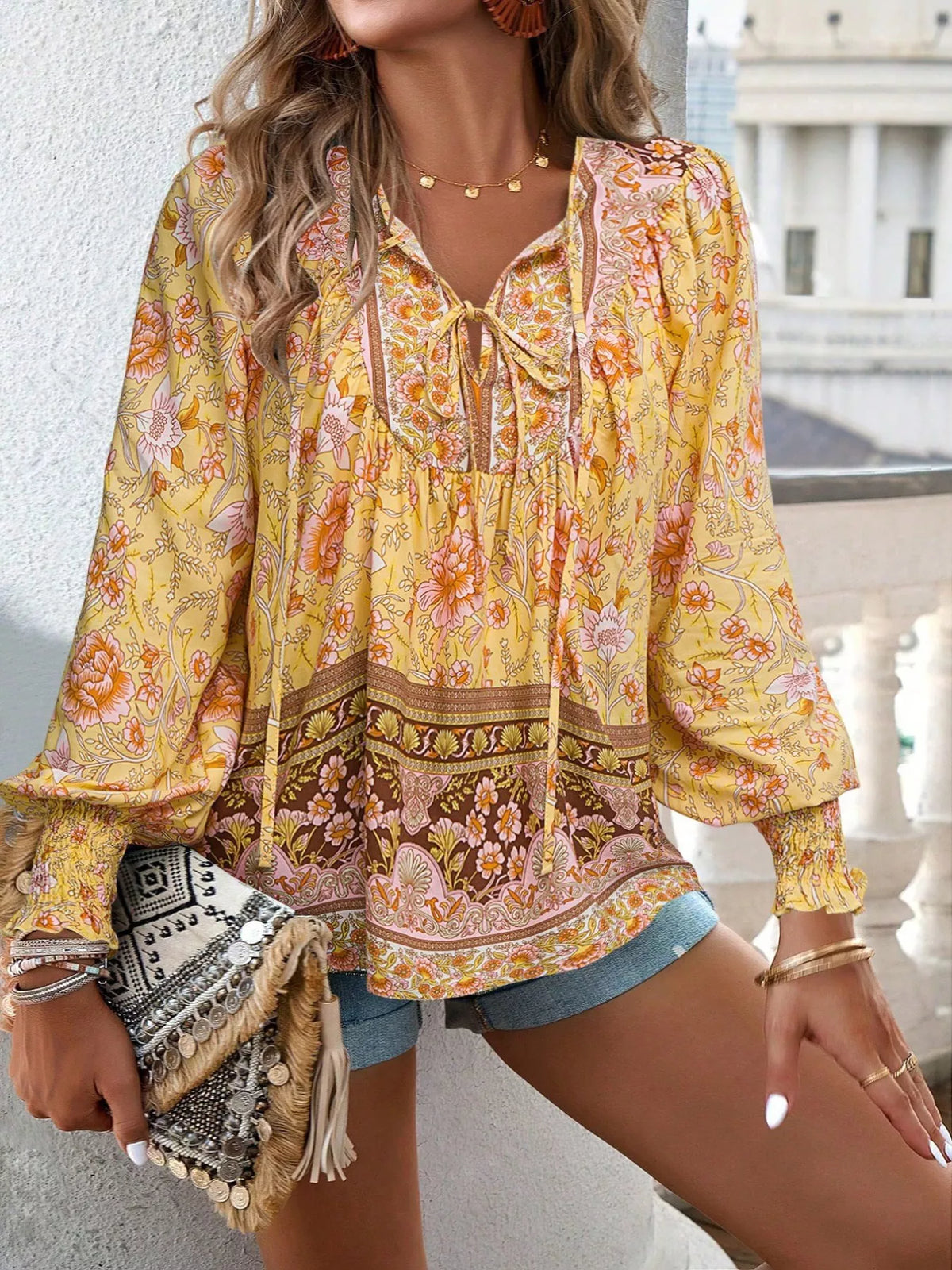 Floral Print Tie Neck Bohemian Blouse (22)