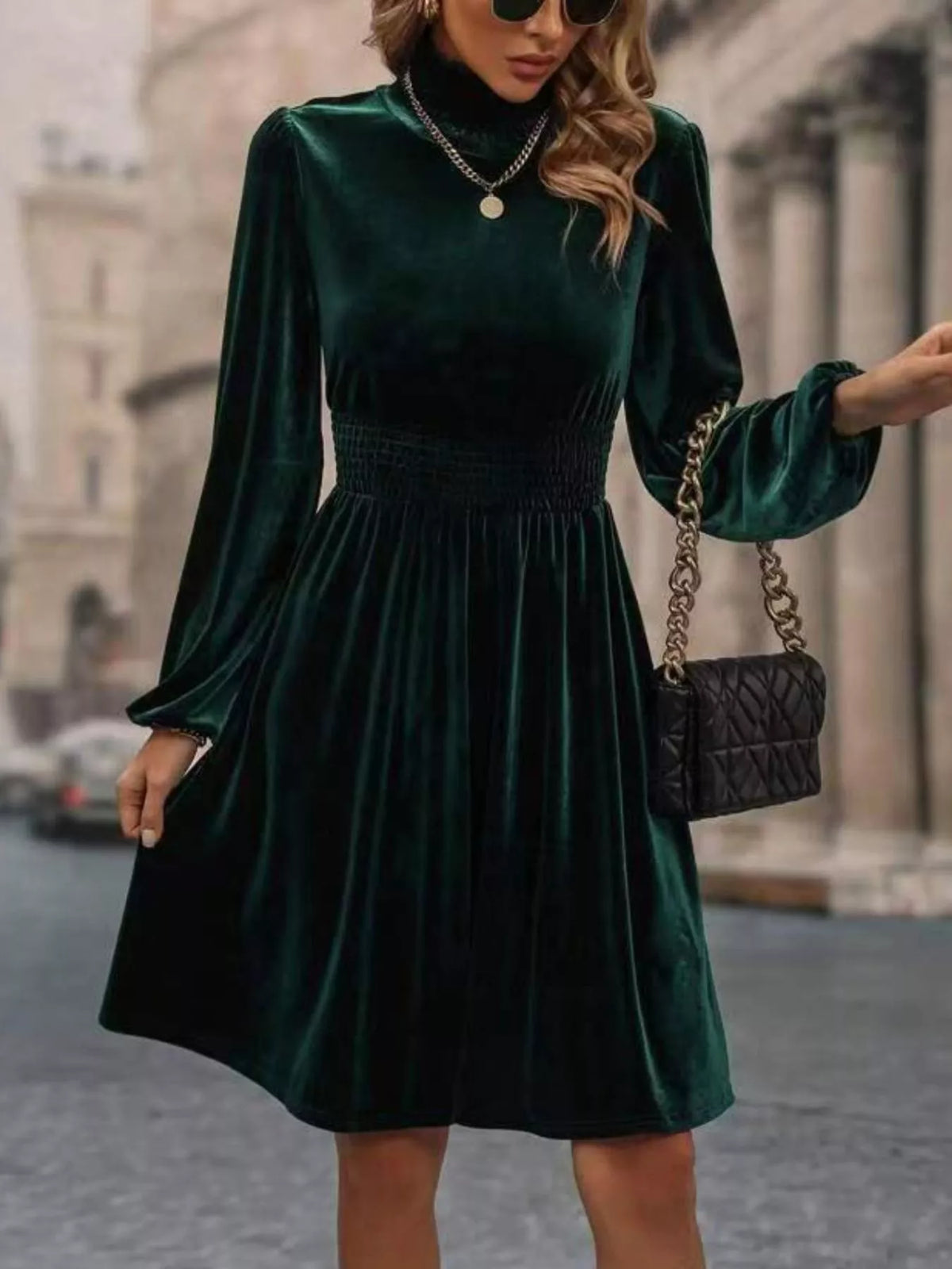 Velvet High Neck Long Sleeve A-line Dress (7)