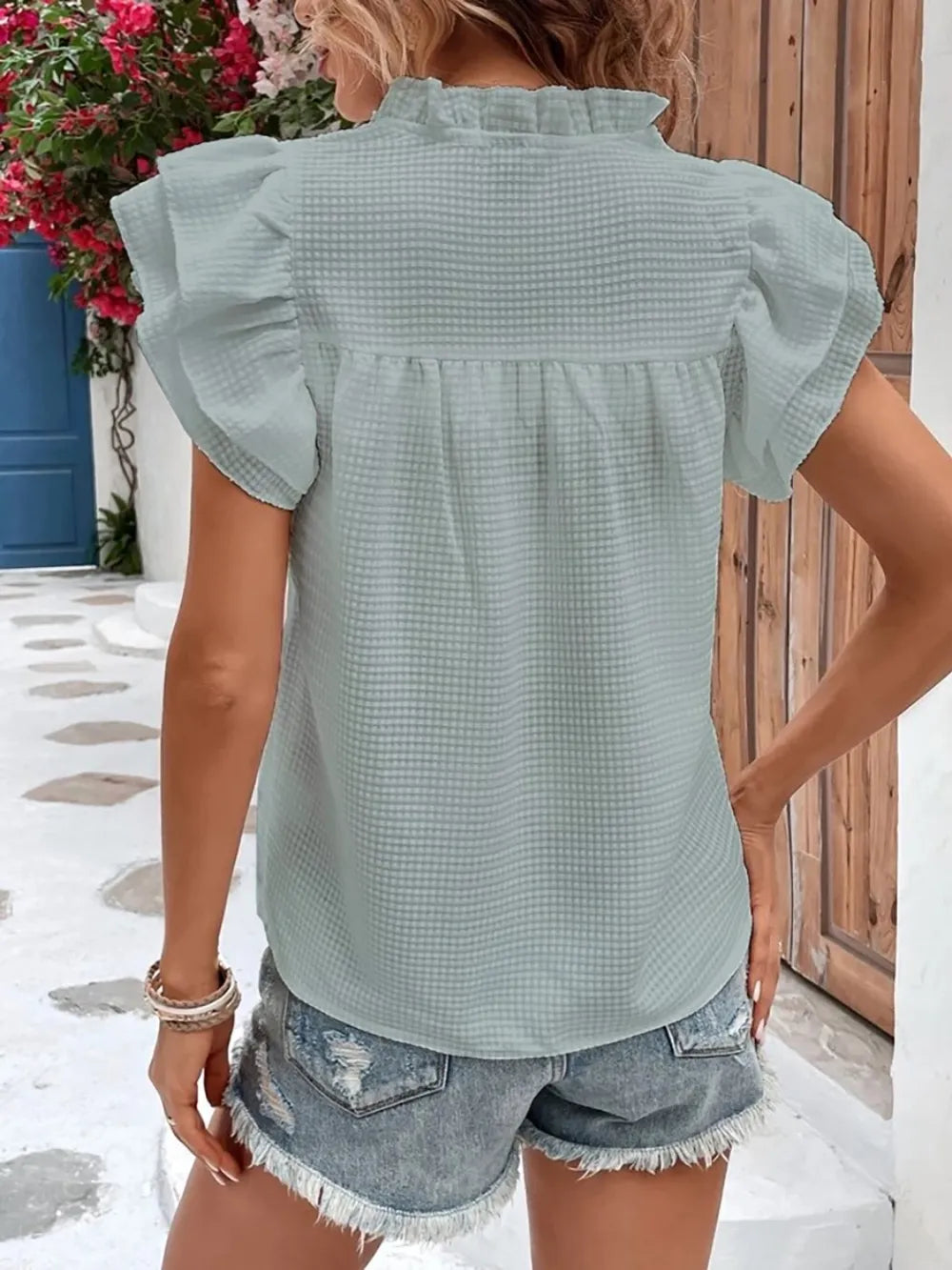 Ruffled Notched Cap Sleeve Blouse (14)