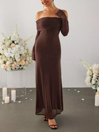 Off-shoulder Ruched Long Sleeve Maxi Dress (20)