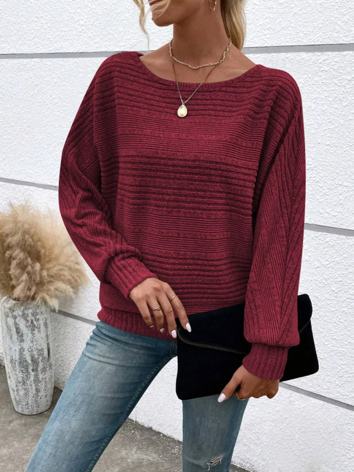 Ribbed Round Neck Long Sleeve Top (13)
