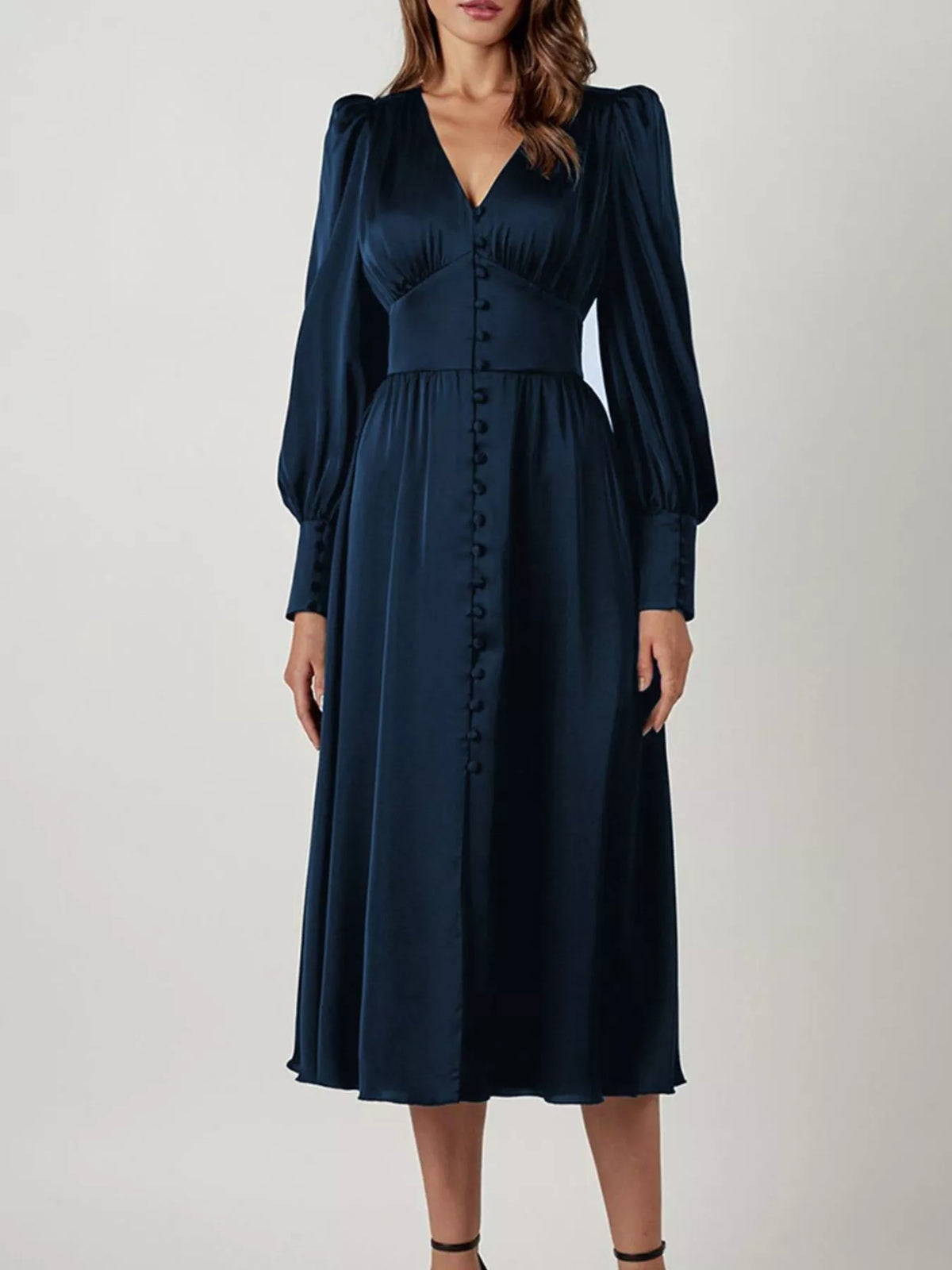 Elegant V-neck Puff Sleeve Button-down Midi Dress (21)