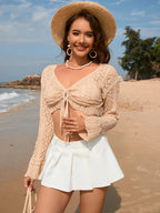 Drawstring Openwork Long Sleeve Cover-up (4)