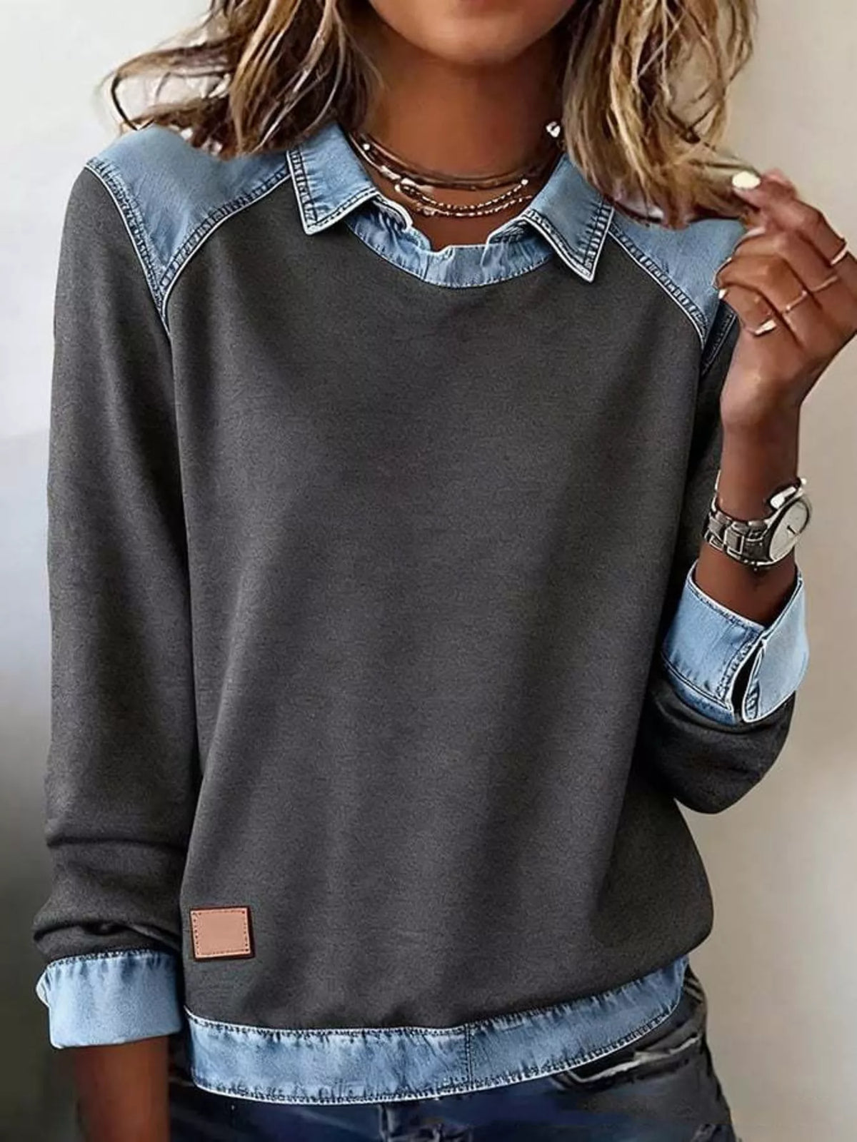 Full Size Denim Trim Long Sleeve Top Plus (7)