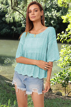 Openwork Round Neck Half Sleeve Knit Top (14)