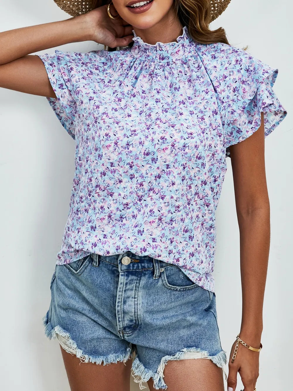 Ditsy Floral Mock Neck Flounce Sleeve Blouse (3)