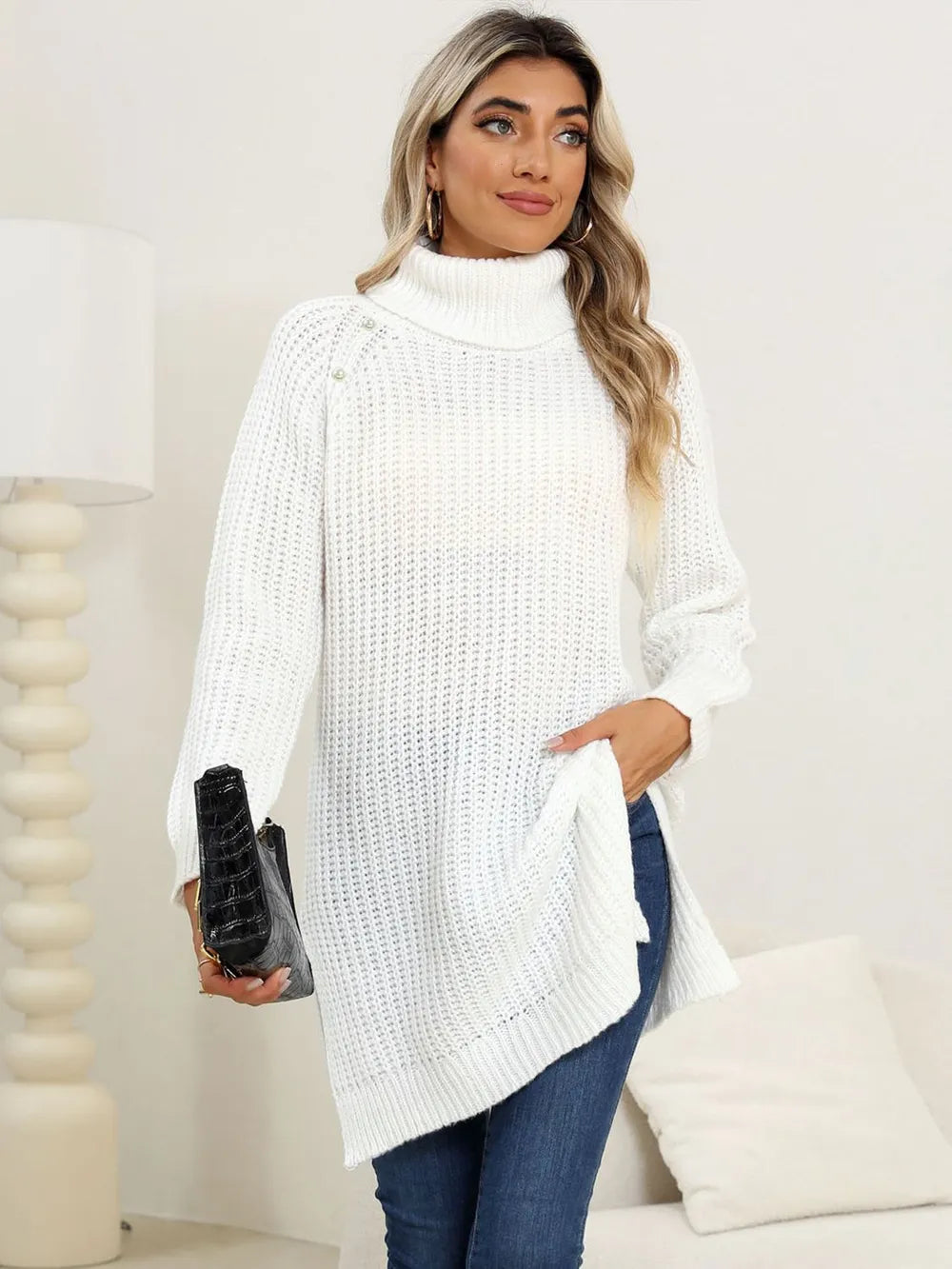 Slit Turtleneck Long Sleeve Sweater (5)