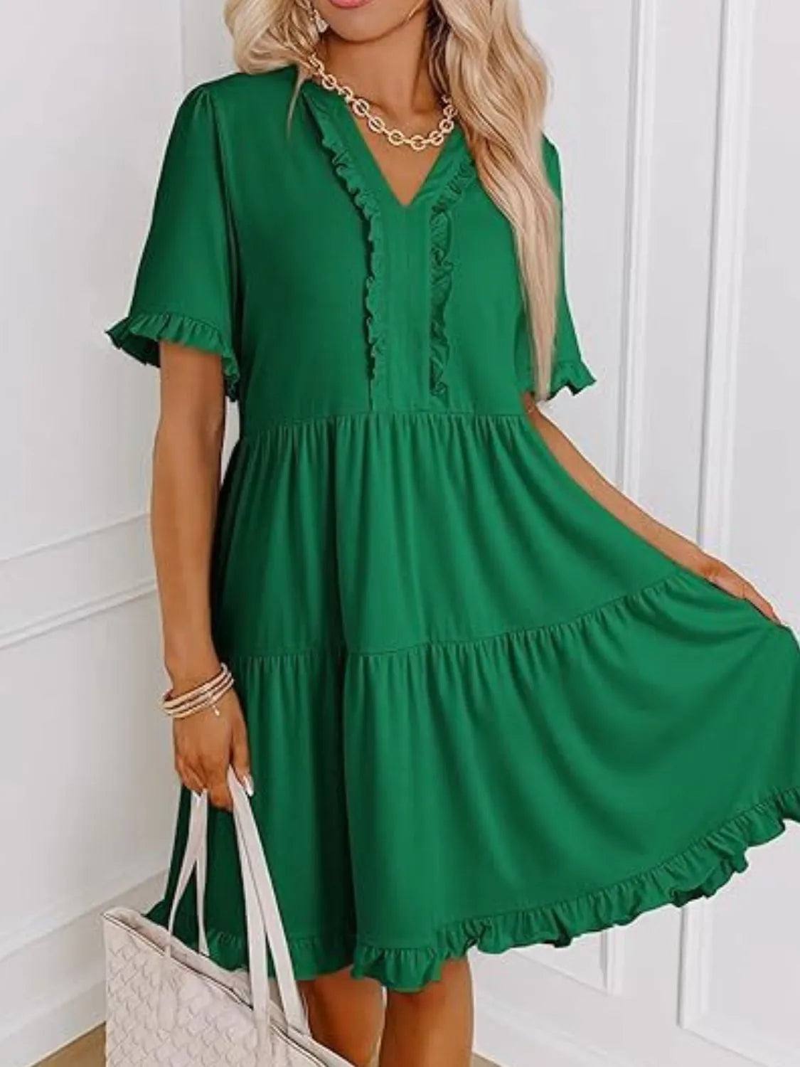 Tiered Notched Short Sleeve Mini Dress (2)