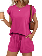 Round Neck Cap Sleeve Top Shorts Set (15)