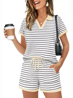 Striped Short Sleeve Polo Shorts Set (5)