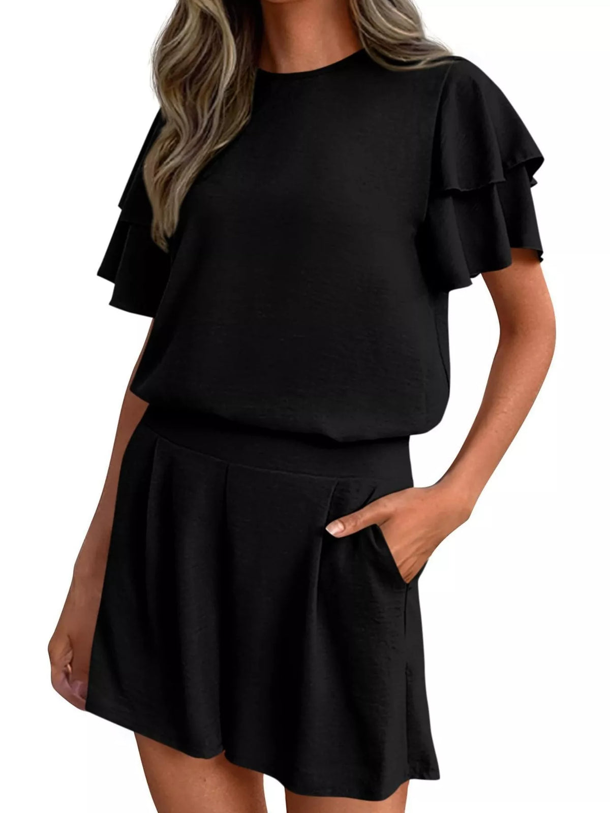 Ruffle Sleeve Top Shorts Two-piece Set (17)