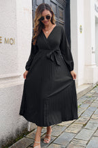 Pleated Long Sleeve Surplice Maxi Dress (4)