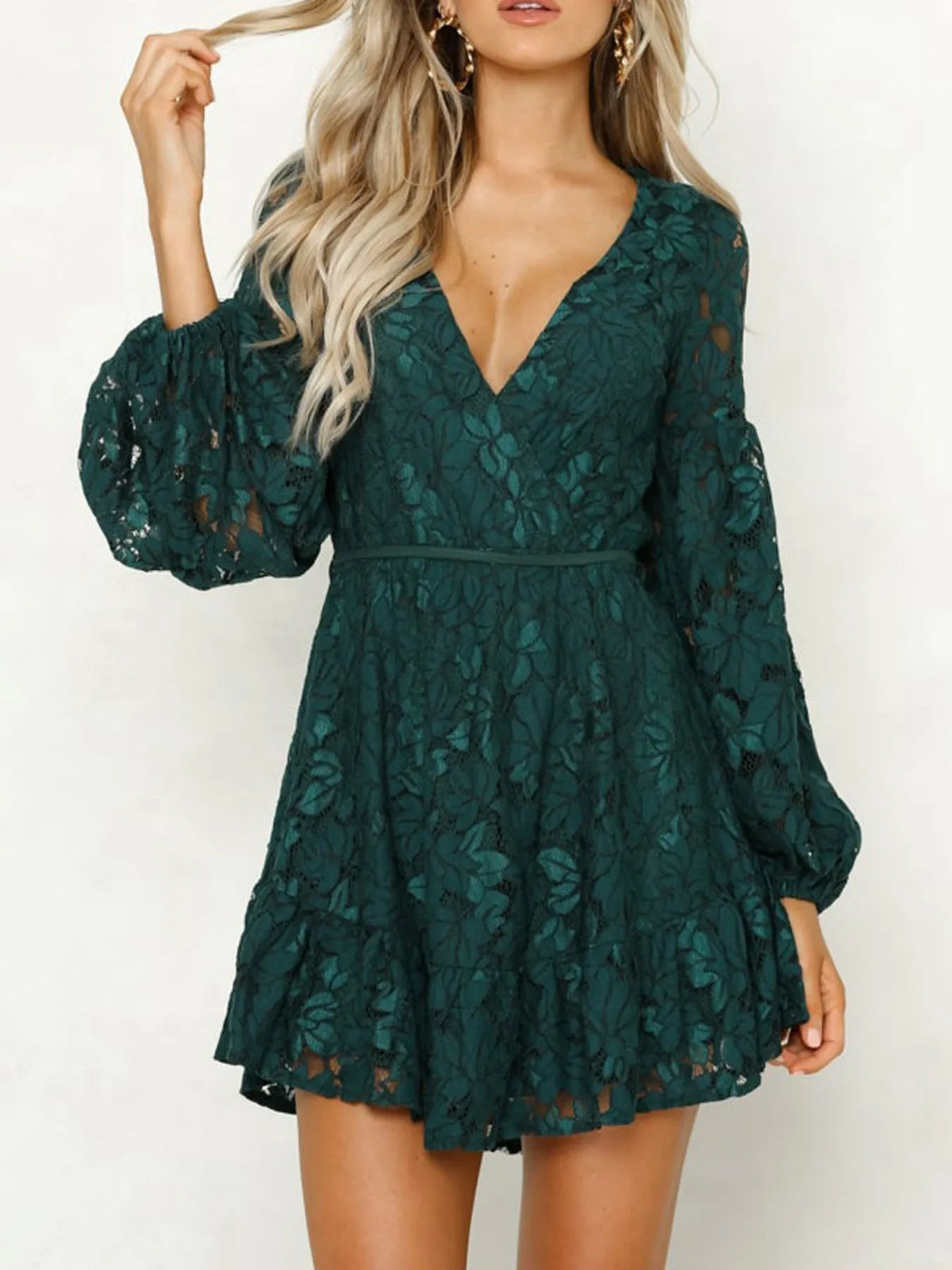 Lace V-neck Long Sleeve Mini Dress (2)