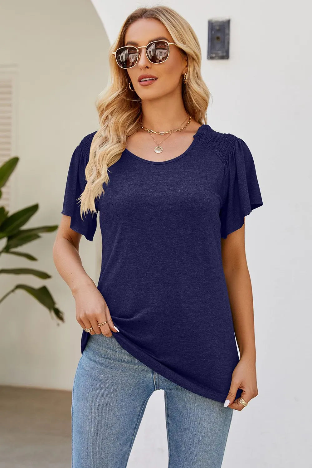 Smocked Round Neck Flutter Sleeve T-shirt (19)