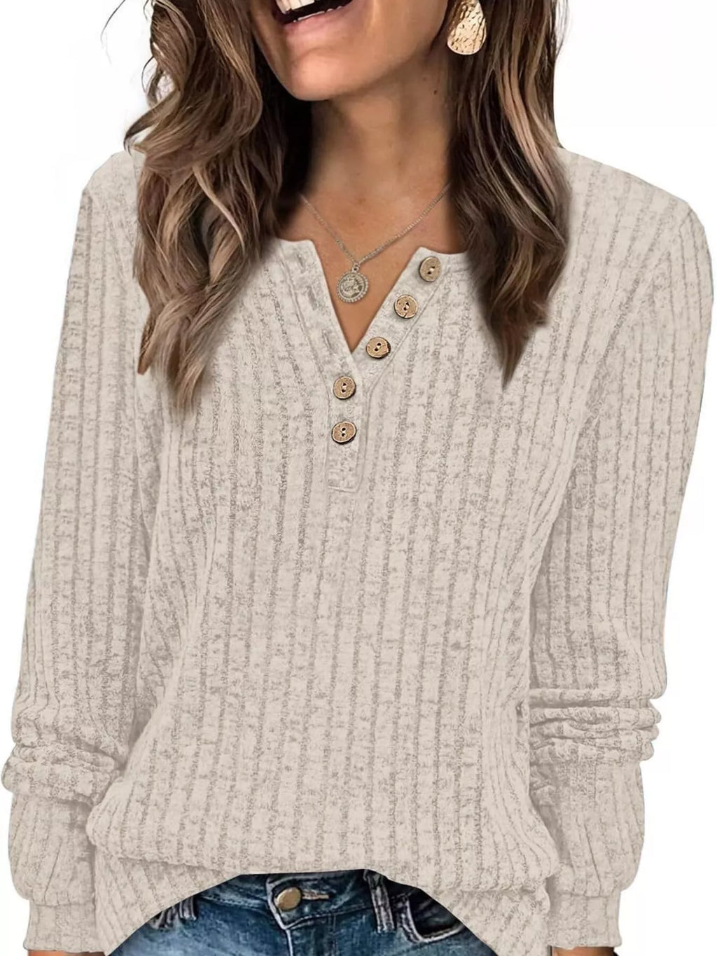 Ribbed Knit Button-front Long Sleeve T-shirt (25)