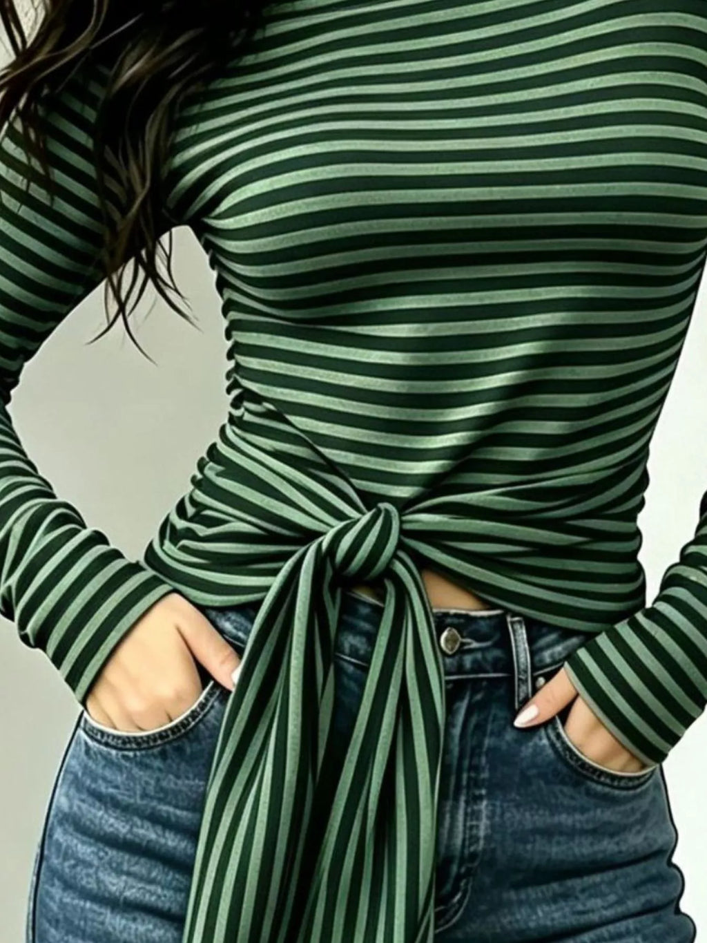 Long Sleeve Striped T-shirt Front Tie Detail (11)