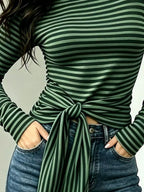 Long Sleeve Striped T-shirt Front Tie Detail (11)
