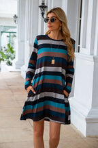 Striped Round Neck Long Sleeve Dress (5)