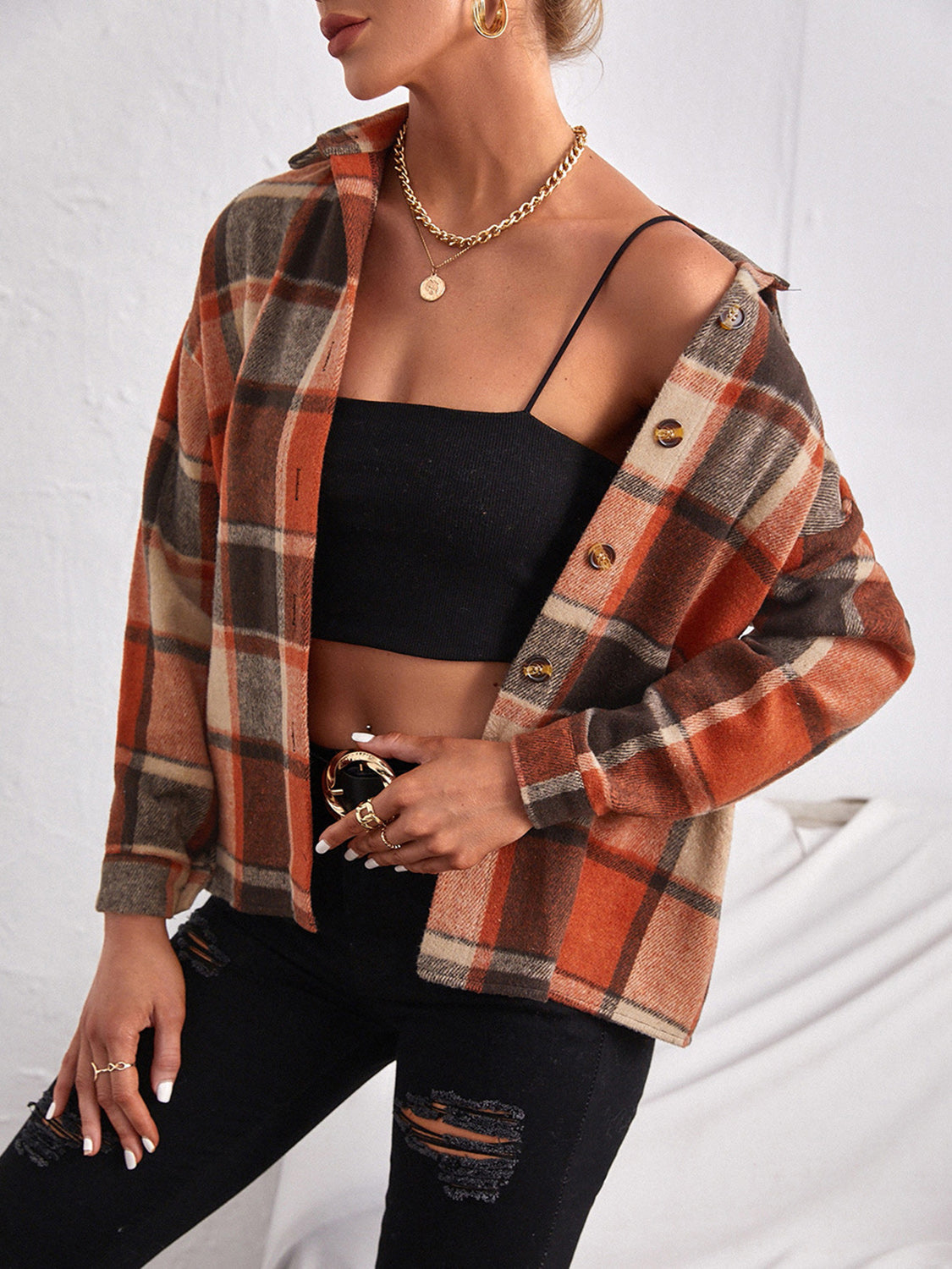 Plaid Collared Neck Button Down Jacket (3)