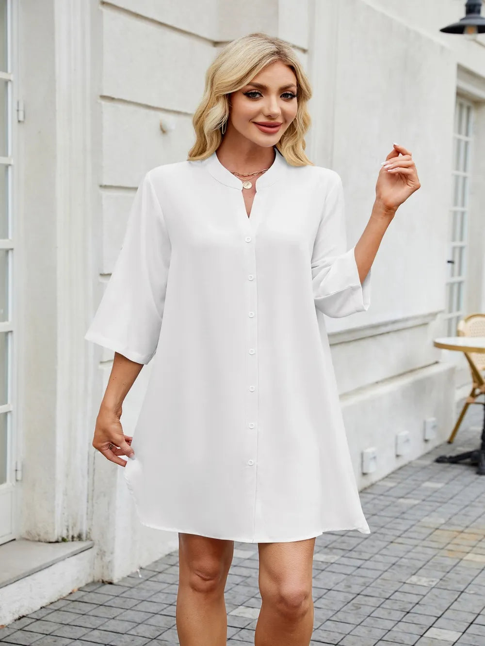 Notched Long Sleeve Mini Shirt Dress (17)