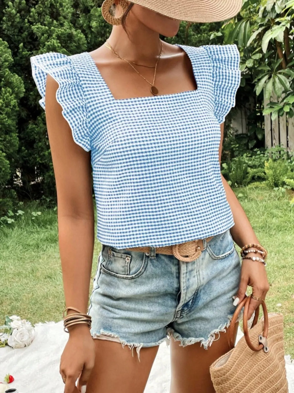 Gingham Ruffle Sleeve Square Neck Blouse (18)