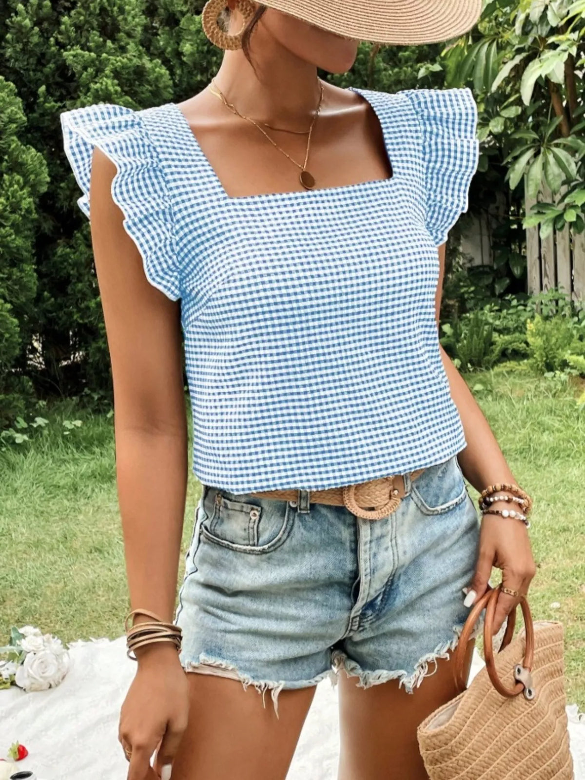 Gingham Ruffle Sleeve Square Neck Blouse (18)