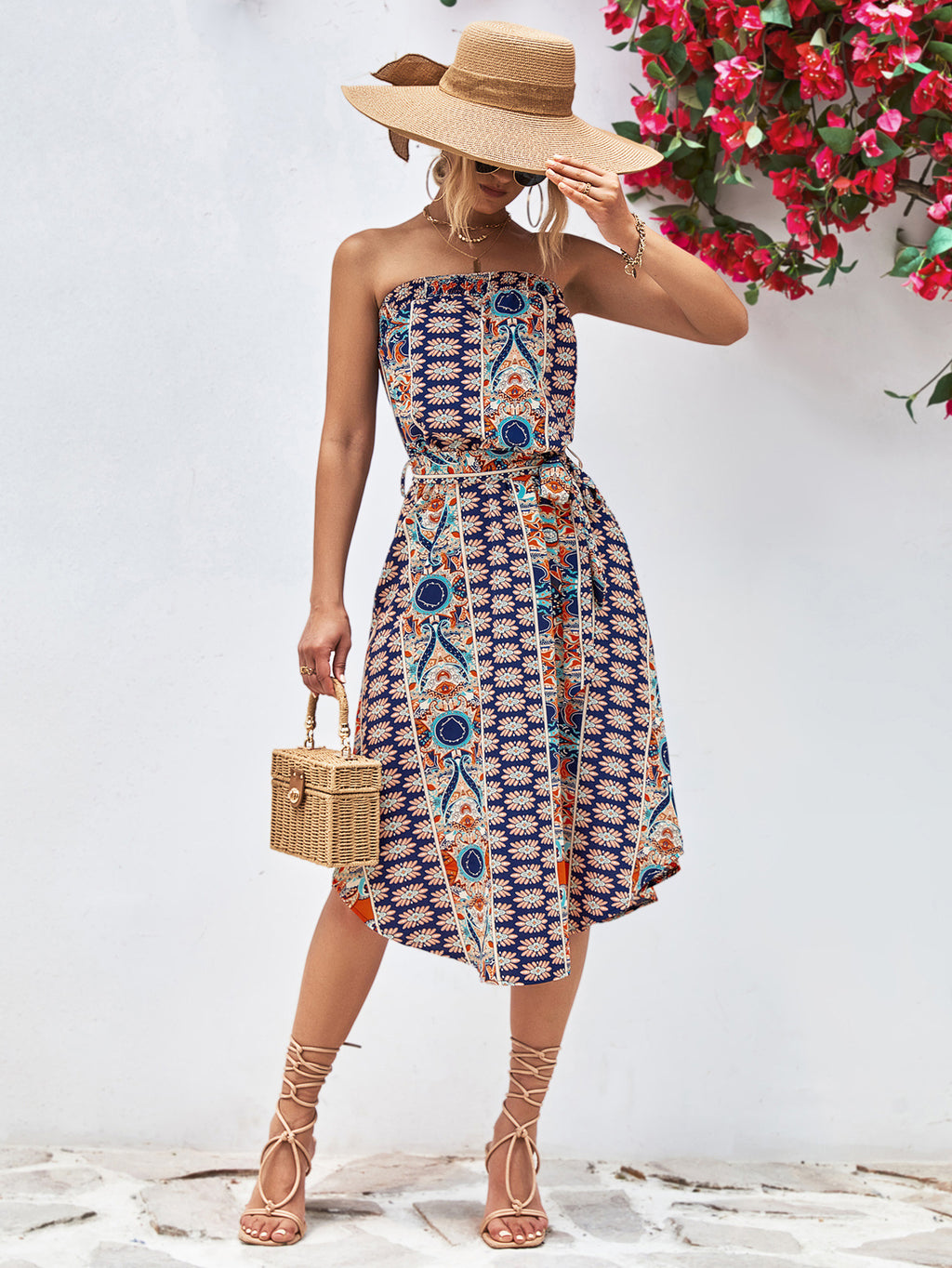Printed Strapless Tie Belt Dress (14)