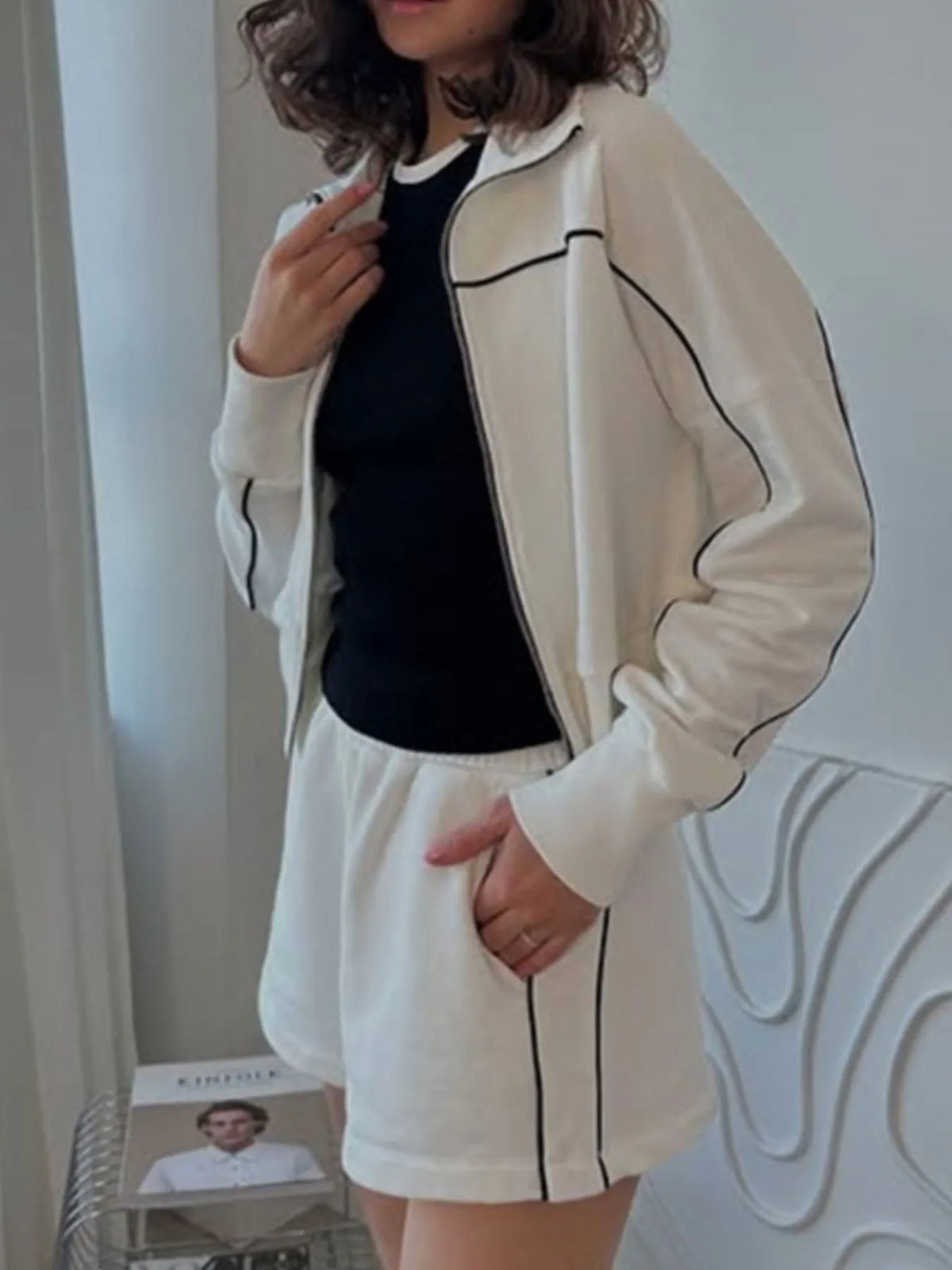 Zip Up Long Sleeve Top Shorts Set (7)