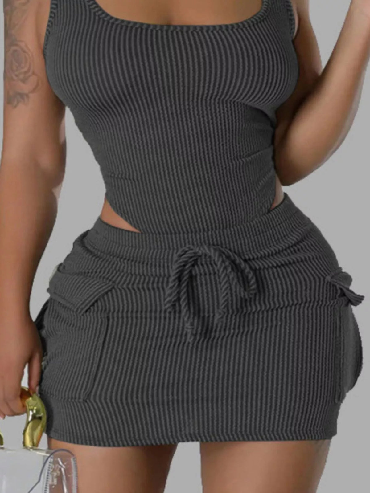 Ribbed Knit Bodysuit Drawstring Skirt Set (6)