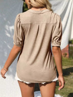 Puff Sleeve Notched Casual T-shirt (2)