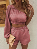 One Shoulder Long Sleeve Top Shorts Set (23)